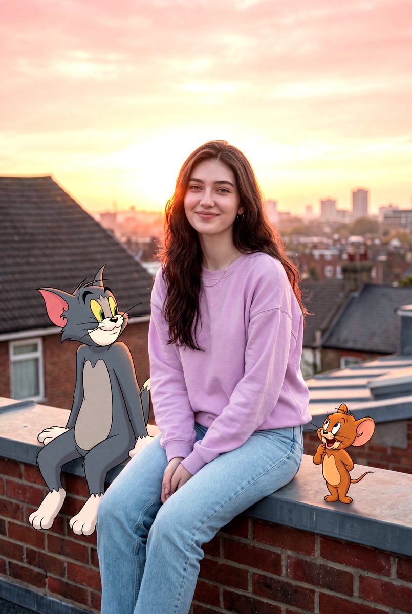 创作一个温馨的、写实电影质感的场景：我舒适地坐在屋顶上，Tom 和 Jerry 陪伴在身旁，背景是美丽的粉橙色日落。我以真实人物的形象出现，拥有自然的皮肤质感…