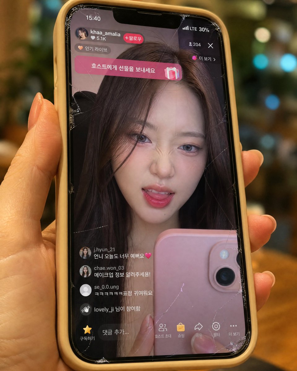 完全保留参考图片中韩国女性的面孔——不要改变她的脸型、眼睛、鼻子、嘴唇、比例、肤质或整体身份。制作一张超写实的9:16特写,画面中是一只从右侧伸出的右手握着的米色硅胶壳iPhon…