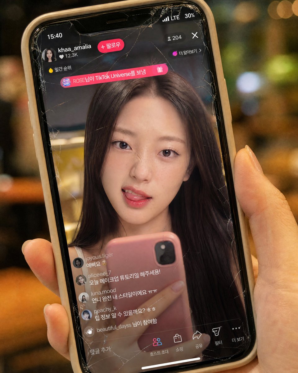 完全保留参考图片中韩国女性的面孔——不要改变她的脸型、眼睛、鼻子、嘴唇、比例、肤质或整体身份。制作一张超写实的9:16特写,画面中是一只从右侧伸出的右手握着的米色硅胶壳iPhon…