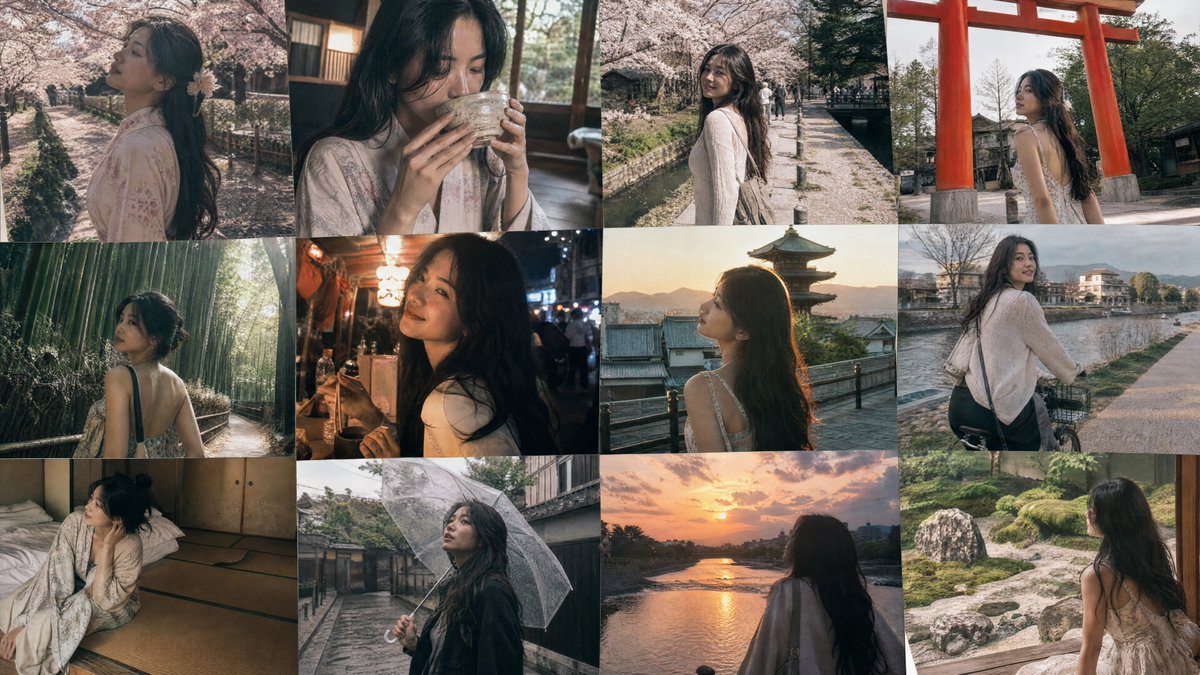 一张 12 帧拼贴照片,记录一位 25 岁越南年轻女子在日本京都樱花季独自旅行时的随性、充满情感的抓拍瞬间。她留着深色长波浪卷发,肤色暖棕,眼睛是富有表现力的…