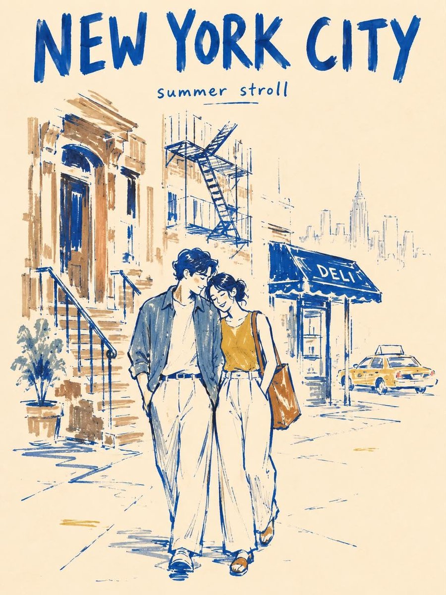 创作一幅竖版 3:4 比例的极简马克笔旅行海报，主题为纽约市（NEW YORK CITY），底色为温暖的象牙白纸。 风格： 采用粗犷、不完美的编辑风马克笔插画风格，带有现代民间艺…