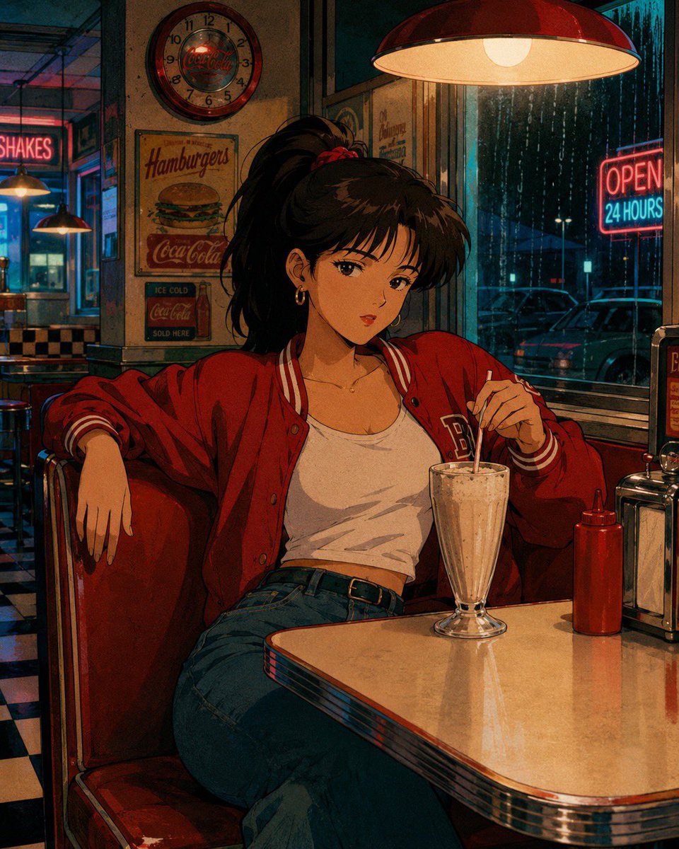 一幅怀旧的1980年代至1990年代日本动漫电影感插画,高度精细的手绘背景,温暖的金色时刻与霓虹灯光,柔和的胶片颗粒感,若隐若现的水彩质感,比例自然、眼神细腻的表现派动漫角色,写…