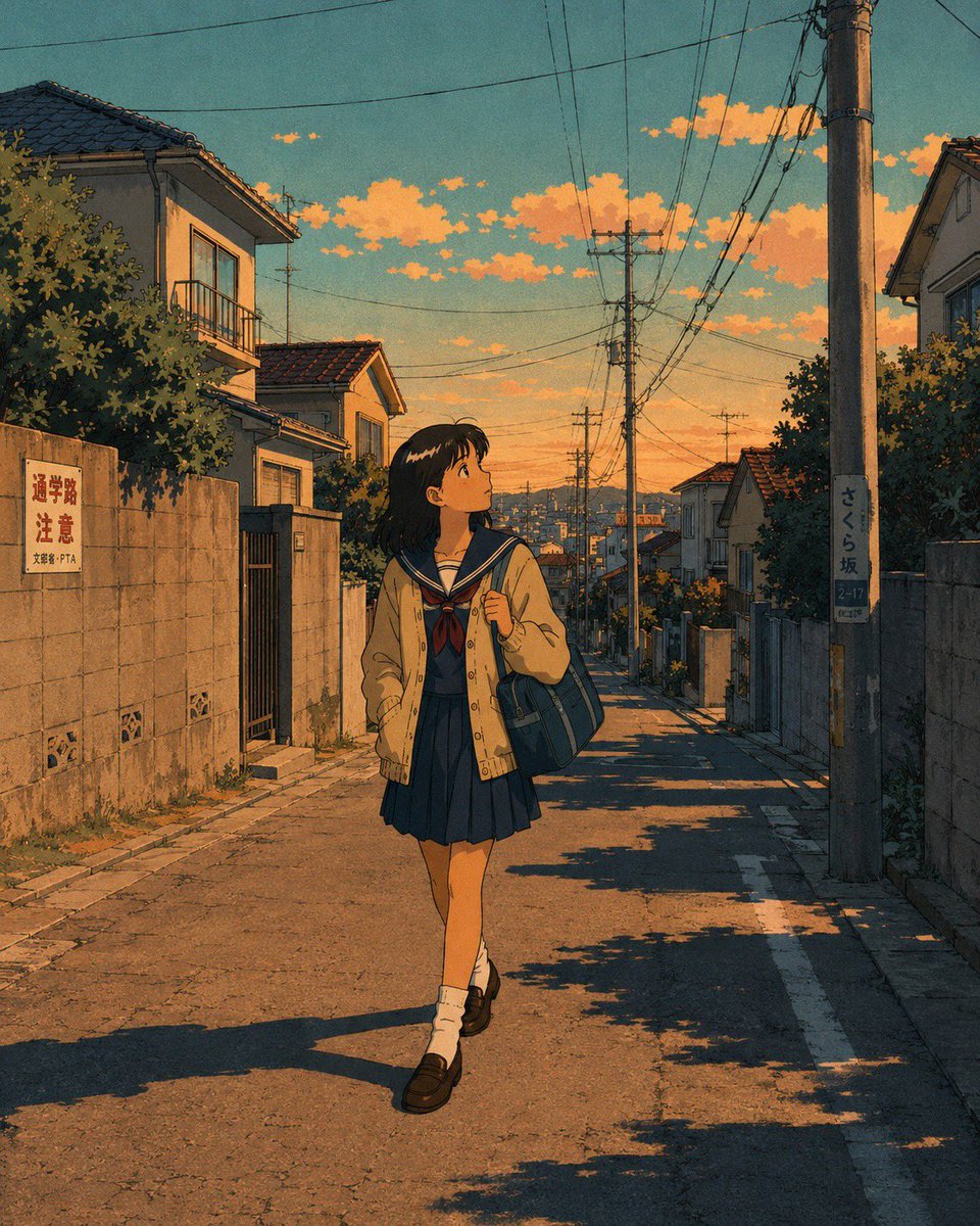 一幅怀旧的1980年代至1990年代日本动漫电影感插画,高度精细的手绘背景,温暖的金色时刻与霓虹灯光,柔和的胶片颗粒感,若隐若现的水彩质感,比例自然、眼神细腻的表现派动漫角色,写…