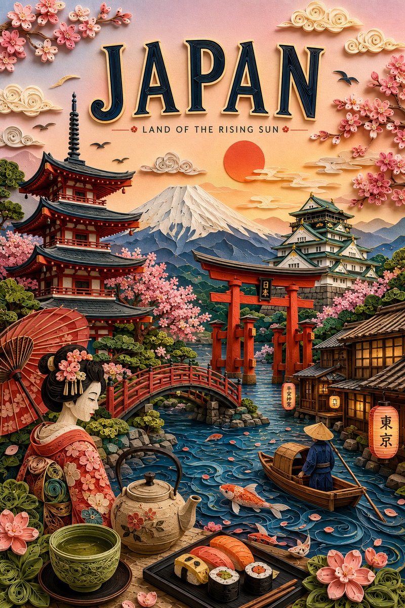 为{DESTINATION}创作一张优雅的3D衍纸工艺（paper quilling）与多层纸质手工艺旅行海报，呈现高端复古旅行剪贴簿风格。艺术化地再现该目的地最具标志性的地标、…