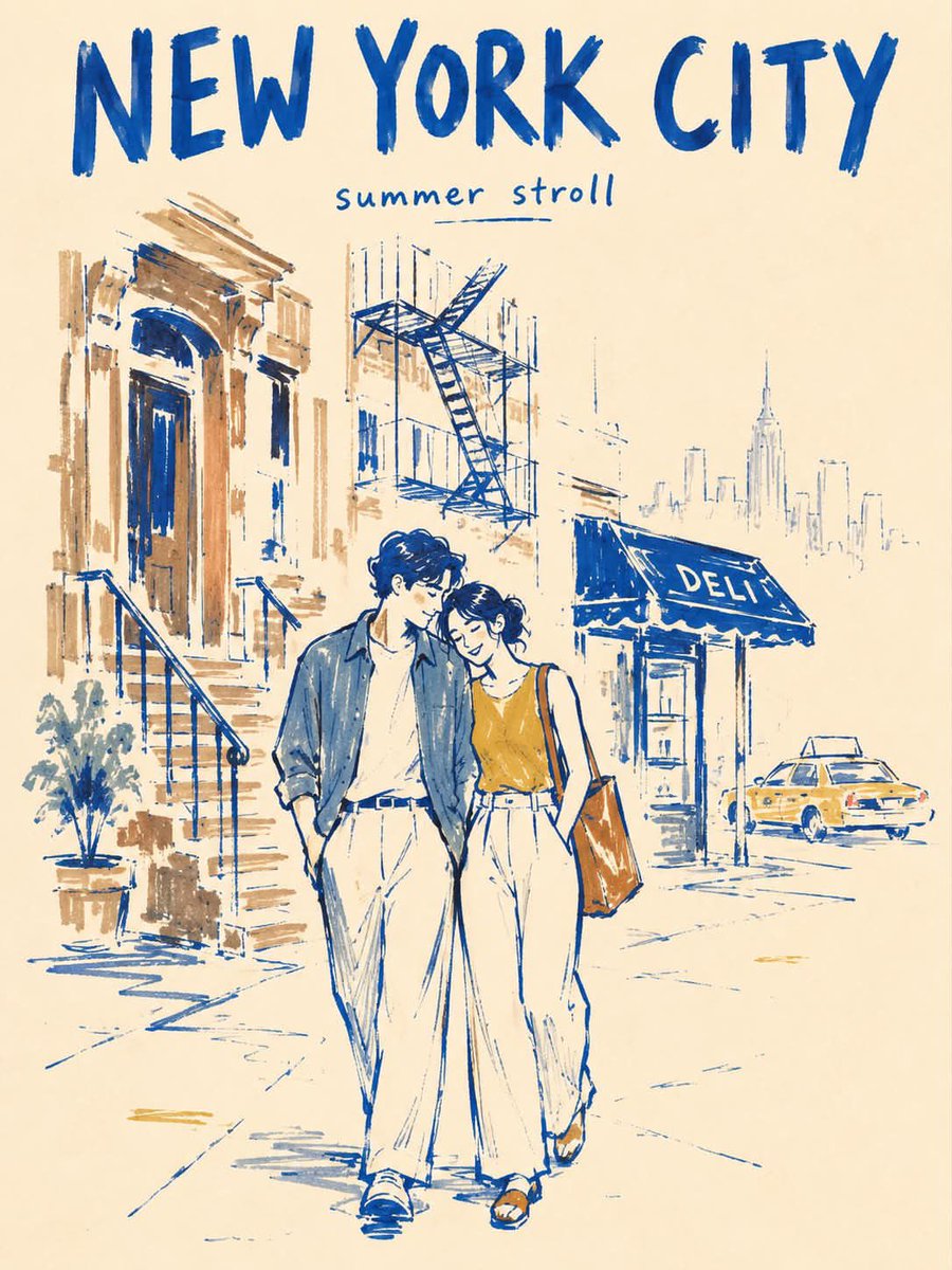 创作一张纵向 3:4 的极简马克笔旅行海报，主题为 NEW YORK CITY，底色为温暖的象牙白纸张。 风格： 采用粗粝、不完美的编辑插画式马克笔风格，带有现代民间艺术气息。用…