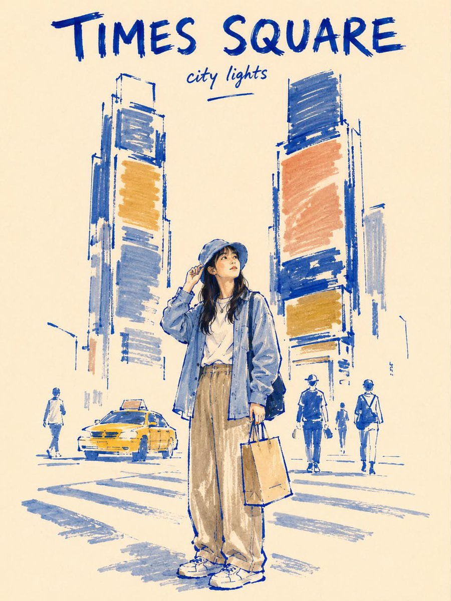 创作一张纵向 3:4 的极简马克笔旅行海报，主题为 NEW YORK CITY，底色为温暖的象牙白纸张。 风格： 采用粗粝、不完美的编辑插画式马克笔风格，带有现代民间艺术气息。用…