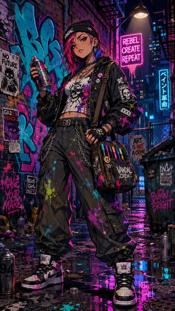 全身角色插画:一位酷感另类的女性涂鸦艺术家,自信地站立在粗犷的城市小巷中,一只手握着沾满油漆的喷漆罐,另一只手搭在一个装满油漆马克笔的定制邮差包上。她身穿多层次都市街头服饰:覆盖…