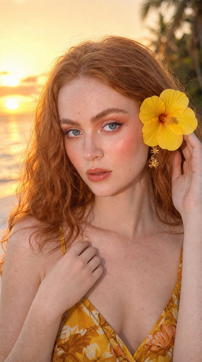 超写实 9:16 竖版特写肖像,一位成年女性在黄金时段日落时分的热带海滩旁摆姿。她拥有浓密、波浪状的自然铜红色长发,带有柔和发光的飞舞发丝;瓷白肤色,雀斑和毛…