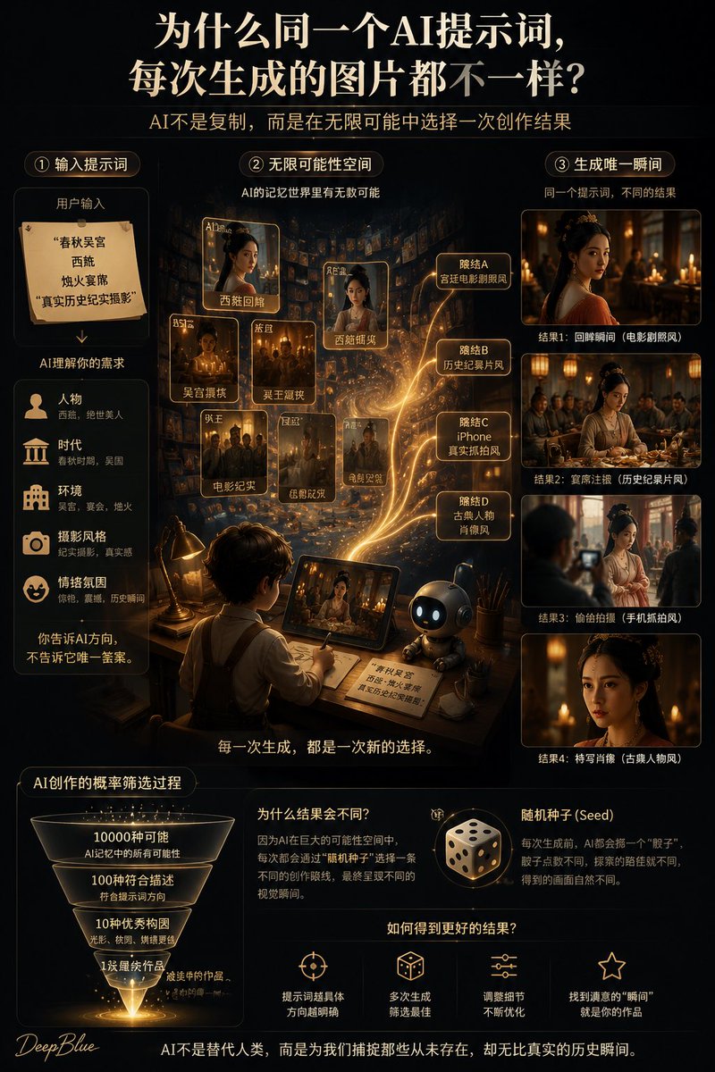 【AI创作解析图 · 随机生成的瞬间】 高级科普信息图设计，主题为“为什么同一个AI提示词，每次生成的图片都不一样？”，将AI文生图过程视觉化为一个AI画家的…