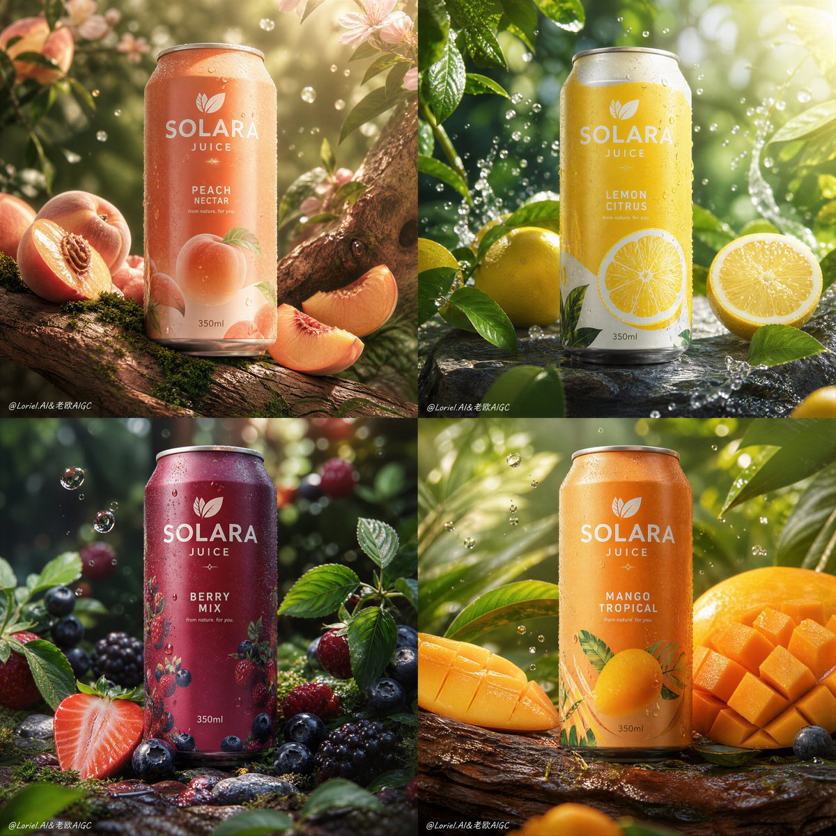 为自创饮料品牌“SOLARA JUICE（索拉瑞果汁）”创作一张超高端的 2x2 四格果汁罐系列海报。最终成品须呈现出世界级自然主题饮料广告的质感：四罐高度写实的 350ml 果…