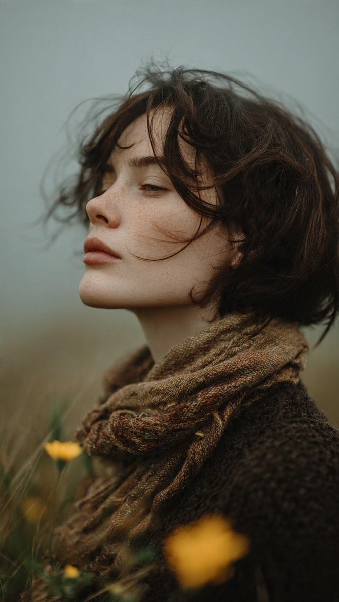 GPT image 2 on Chatgpt Prompt 1 – Windy Meadow Portrait 超写实电影感艺术人像，年轻女性，短而蓬乱的深色…