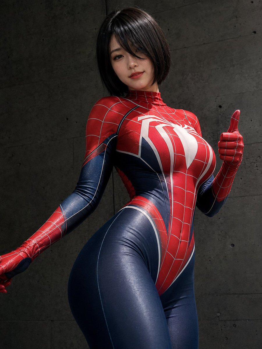 蜘蛛侠女郎🕷 GPT-image 2 提示词 👇 创作一张写实风格的 3:4 低角度角色扮演肖像，画面中一位美丽的成年东亚女性站在深灰色混凝土墙前。她面容精致…