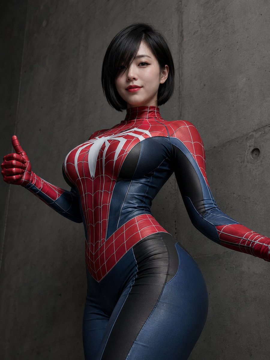蜘蛛侠女郎🕷 GPT-image 2 提示词 👇 创作一张写实风格的 3:4 低角度角色扮演肖像,画面中一位美丽的成年东亚女性站在深灰色混凝土墙前。她面容精致甜美,皮肤白皙,唇色…