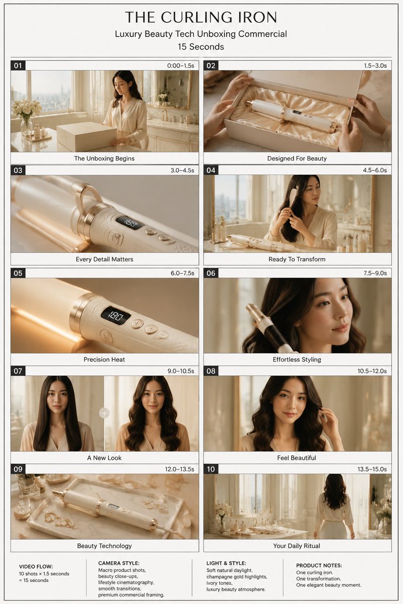 1️⃣ 分镜生成提示词（GPT Image 2） 创建一个专业的竖屏 9:16 美妆科技产品开箱分镜演示稿，在一块高级白色演示板上以干净的 2×5 网格排列展…