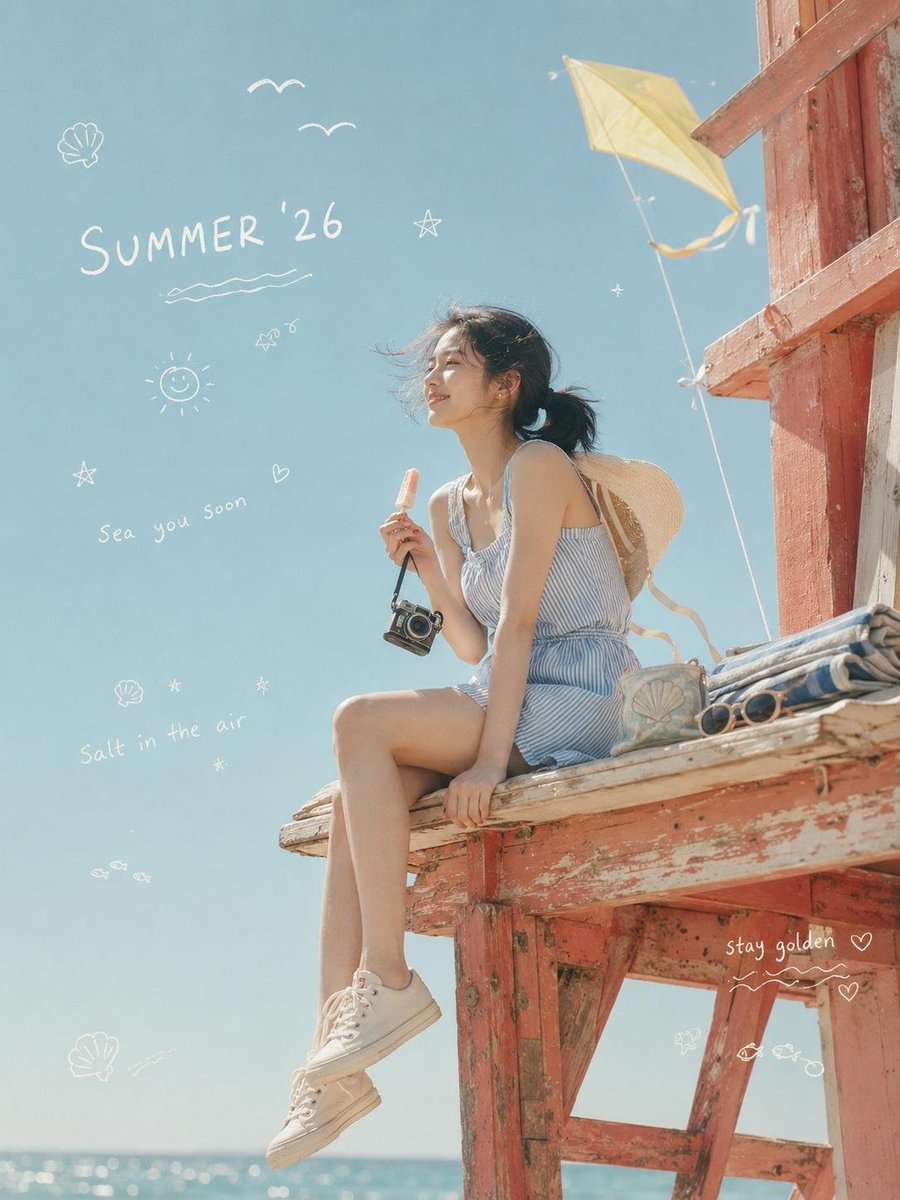 一张极致真实的电影感梦幻生活方式照片，庆祝 “SUMMER ’26”（2026年夏日），画面中一位年轻的韩国女性独自坐在一座褪色珊瑚粉色复古救生塔的上层平台上，背景是一片宁静的海…