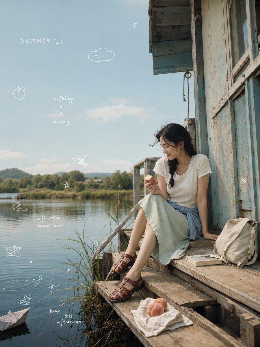 一张极致真实的电影感梦幻生活方式照片，庆祝 “SUMMER ’26”（2026年夏日），画面中一位年轻的韩国女性独自坐在一座褪色珊瑚粉色复古救生塔的上层平台上，背景是一片宁静的海…
