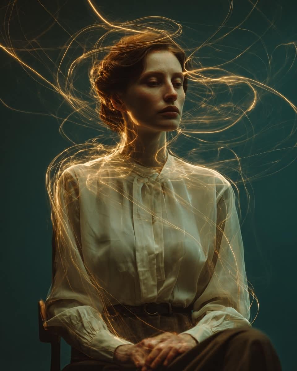 一幅电影感的艺术人像：一位神情宁静的年轻女子坐在极简木质椅子上，背景为深青色无缝摄影棚布幕，身着剪裁精致的优雅象牙色真丝上衣与高腰长裤，表情平静内敛，目光柔和…