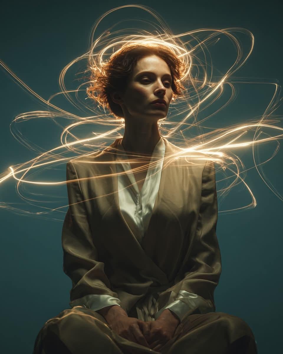 一幅电影感的艺术人像：一位神情宁静的年轻女子坐在极简木质椅子上，背景为深青色无缝摄影棚布幕，身着剪裁精致的优雅象牙色真丝上衣与高腰长裤，表情平静内敛，目光柔和，美貌恒久隽永；金色…