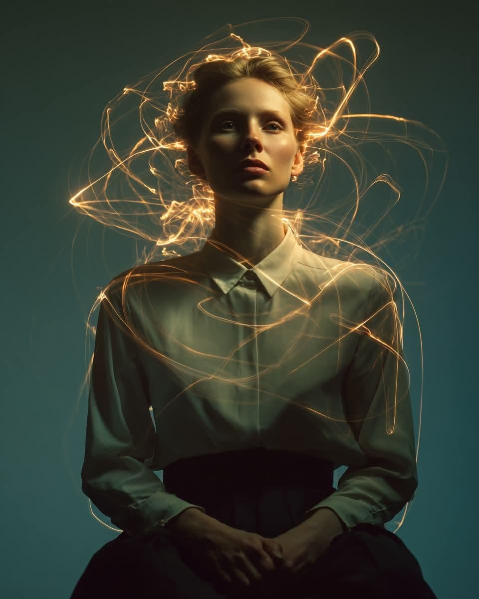 一幅电影感的艺术人像：一位神情宁静的年轻女子坐在极简木质椅子上，背景为深青色无缝摄影棚布幕，身着剪裁精致的优雅象牙色真丝上衣与高腰长裤，表情平静内敛，目光柔和，美貌恒久隽永；金色…