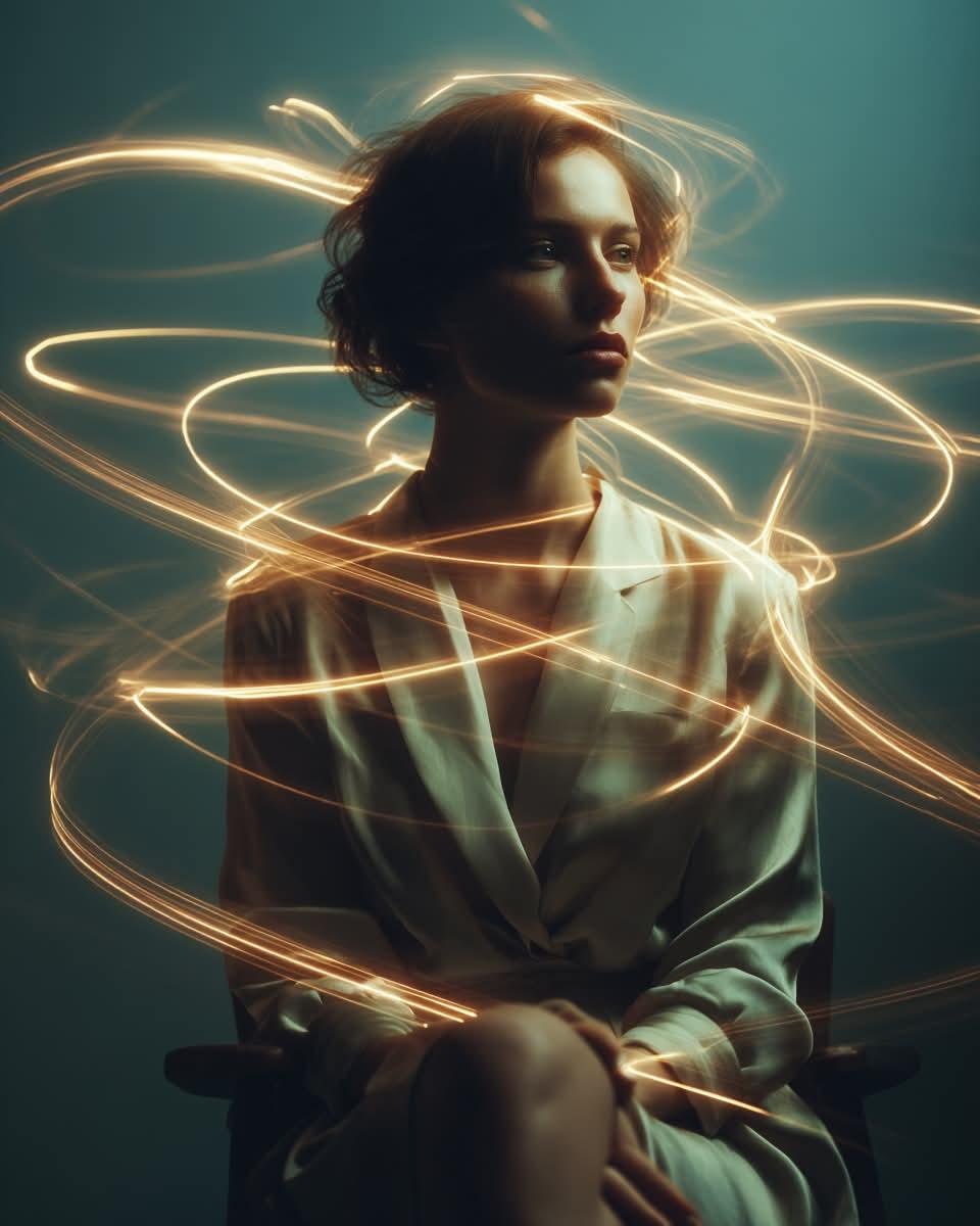 一幅电影感的艺术人像：一位神情宁静的年轻女子坐在极简木质椅子上，背景为深青色无缝摄影棚布幕，身着剪裁精致的优雅象牙色真丝上衣与高腰长裤，表情平静内敛，目光柔和，美貌恒久隽永；金色…