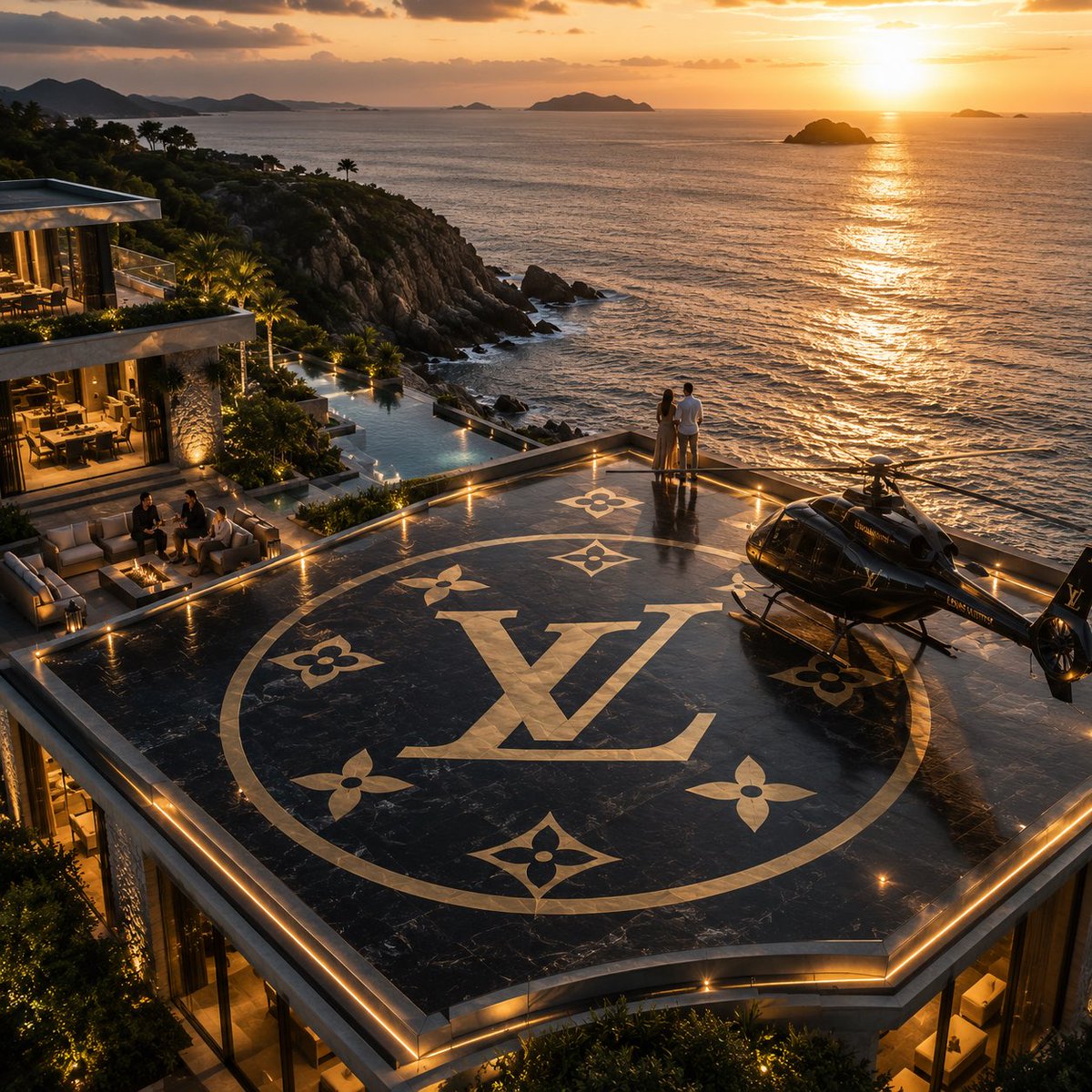 黄昏时分,一座极致奢华的现代悬崖别墅的电影级高角度鸟瞰画面,屋顶露台上设有俯瞰平静大海的大型私人直升机停机坪。停机坪表面无缝呈现一个巨大的 [BRAND LOGO],巧妙融入抛光…