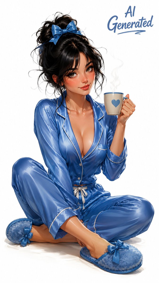 可爱漫画风格高质量,复古海报风格的女士,黑色头发,坐在地板上,穿着蓝色丝绸睡衣,凌乱的头发上戴着蓝色蝴蝶结,穿着蓝色拖鞋,手端一杯咖啡,原生 4K 渲染,50…