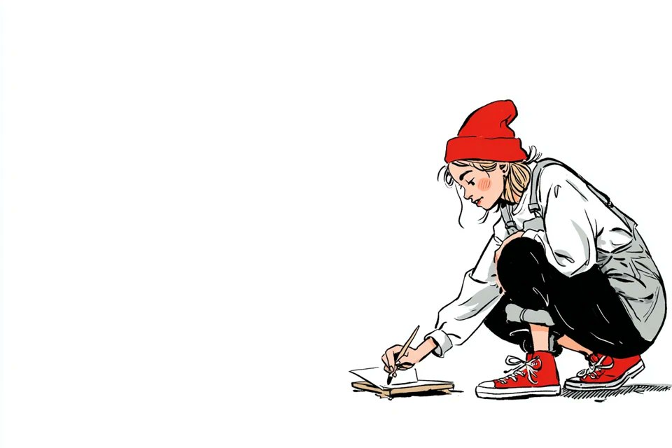一幅简单的插画，画中是一位[subject]穿着[outfit]，[doing action]，带着[facial expression]的表情，风格参考Gemma Correl…