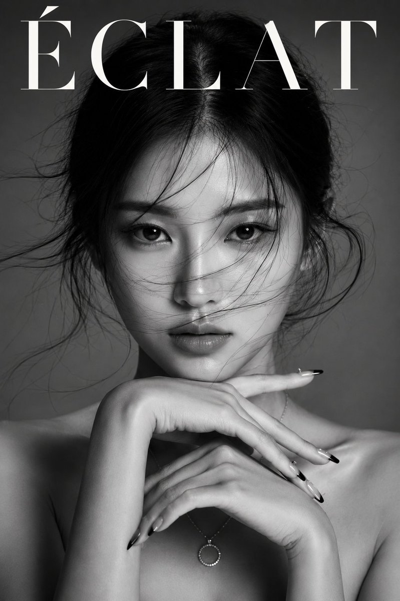 使用参考图像。创建一张垂直构图的黑白奢华美妆人像,采用居中正面姿势,裸露双肩,目光锐利自信,面部对称,杏仁形眼睛带有眼神光,自然唇色,黑色中分蓬松头发飘拂过脸部,但保持双眼可见…