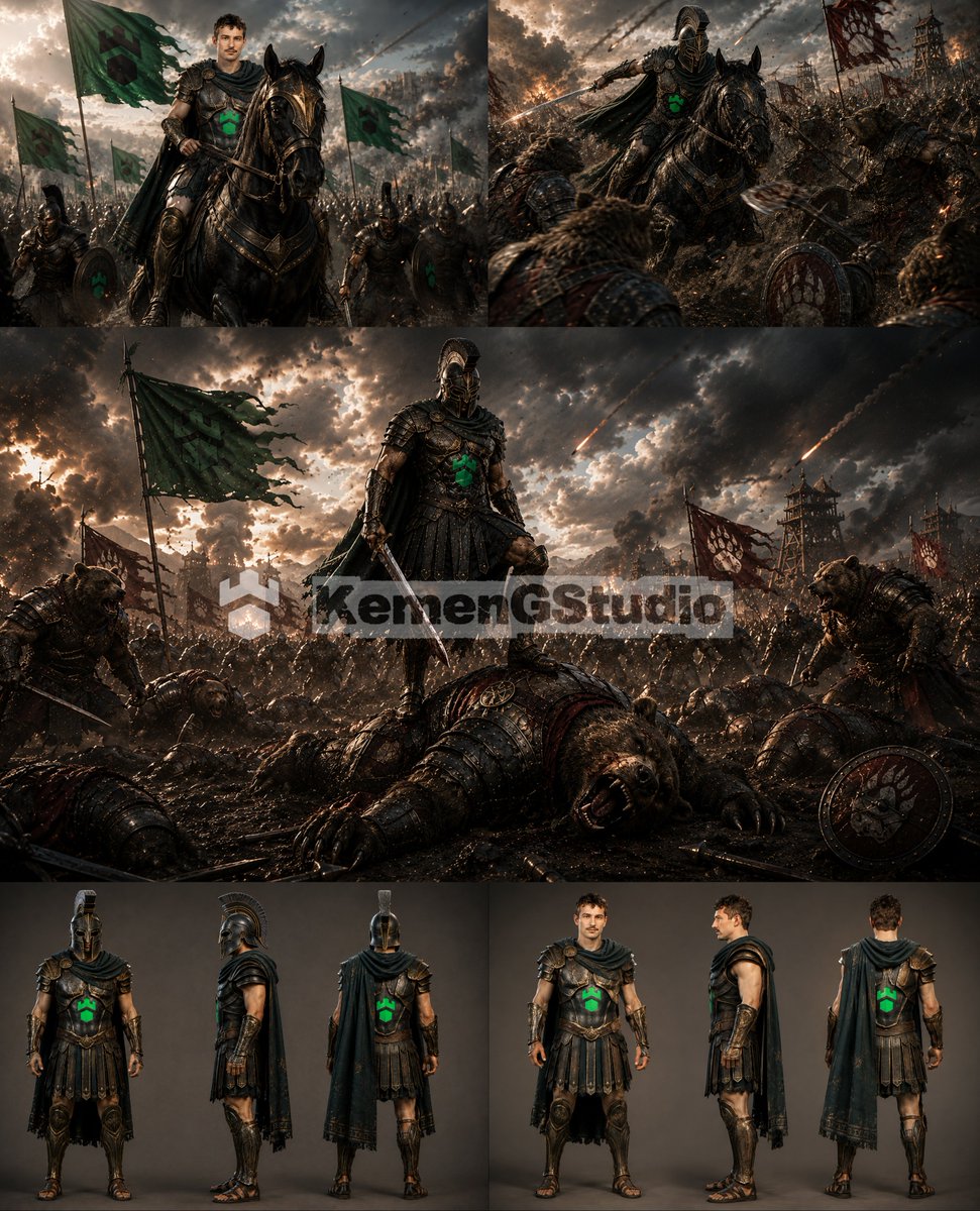 Semua prompt dibuat agar karakter tetap konsisten (dark bronze armor, green emblem, dark…