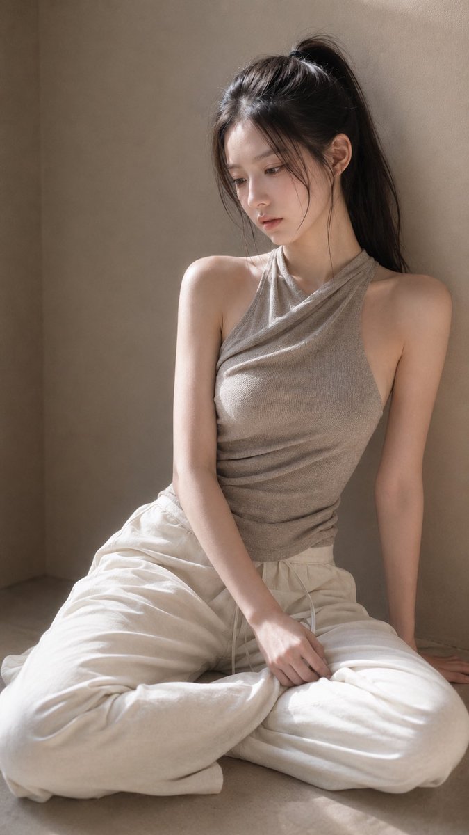 GPT Image 2 on ChatGPT Prompt ⬇️⬇️⬇️ 一位年轻成年东亚女性坐在极简室内空间的浅色微水泥地面，身体轻轻倚靠米灰色微水泥墙面…