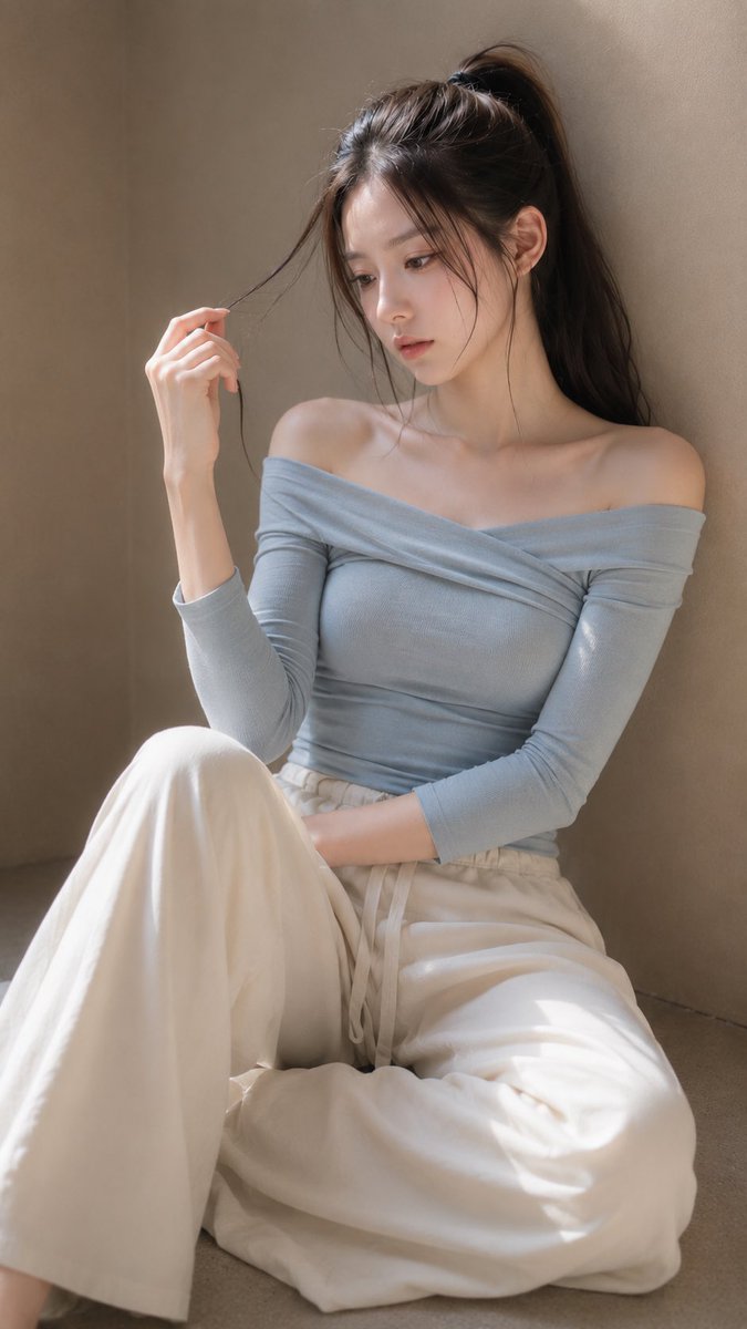 GPT Image 2 on ChatGPT Prompt ⬇️⬇️⬇️ 一位年轻成年东亚女性坐在极简室内空间的浅色微水泥地面,身体轻轻倚靠米灰色微水泥墙面。画面为中远景,从头顶…