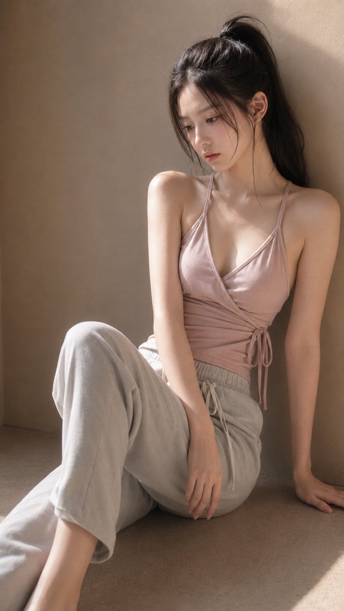 GPT Image 2 on ChatGPT Prompt ⬇️⬇️⬇️ 一位年轻成年东亚女性坐在极简室内空间的浅色微水泥地面,身体轻轻倚靠米灰色微水泥墙面。画面为中远景,从头顶…