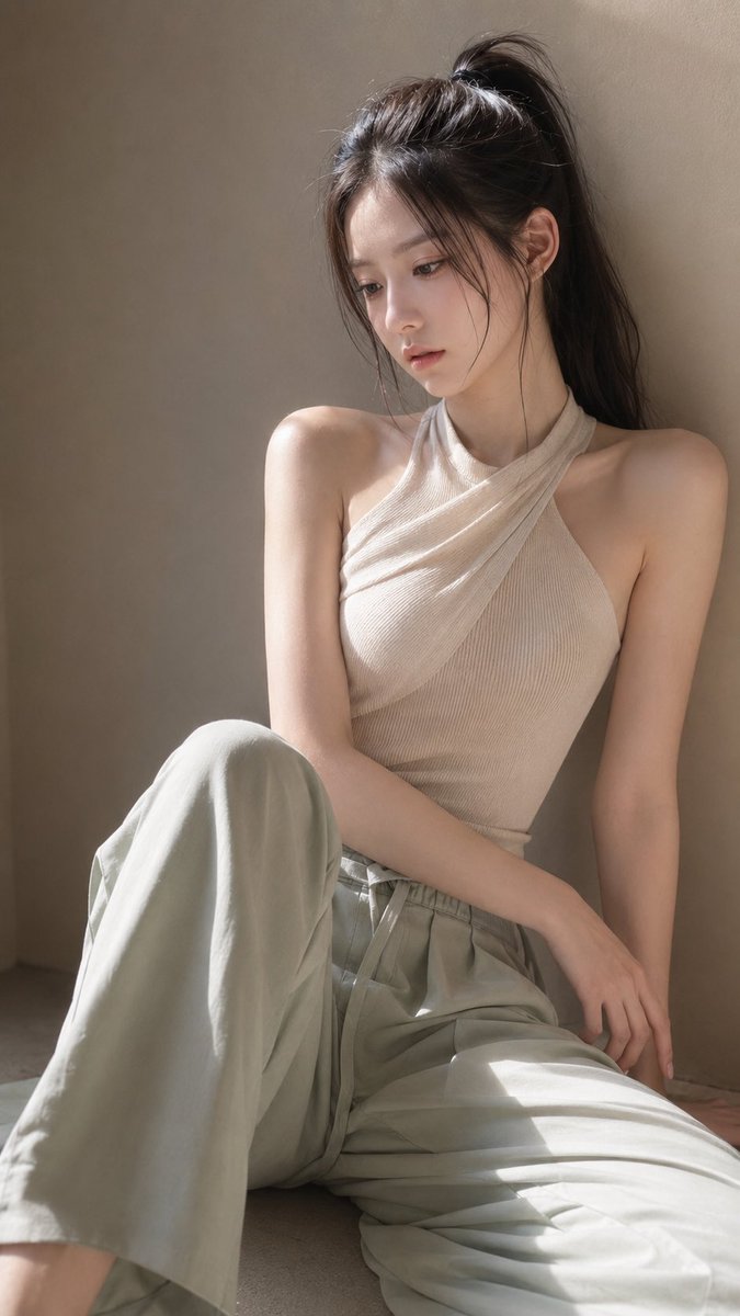 GPT Image 2 on ChatGPT Prompt ⬇️⬇️⬇️ 一位年轻成年东亚女性坐在极简室内空间的浅色微水泥地面,身体轻轻倚靠米灰色微水泥墙面。画面为中远景,从头顶…