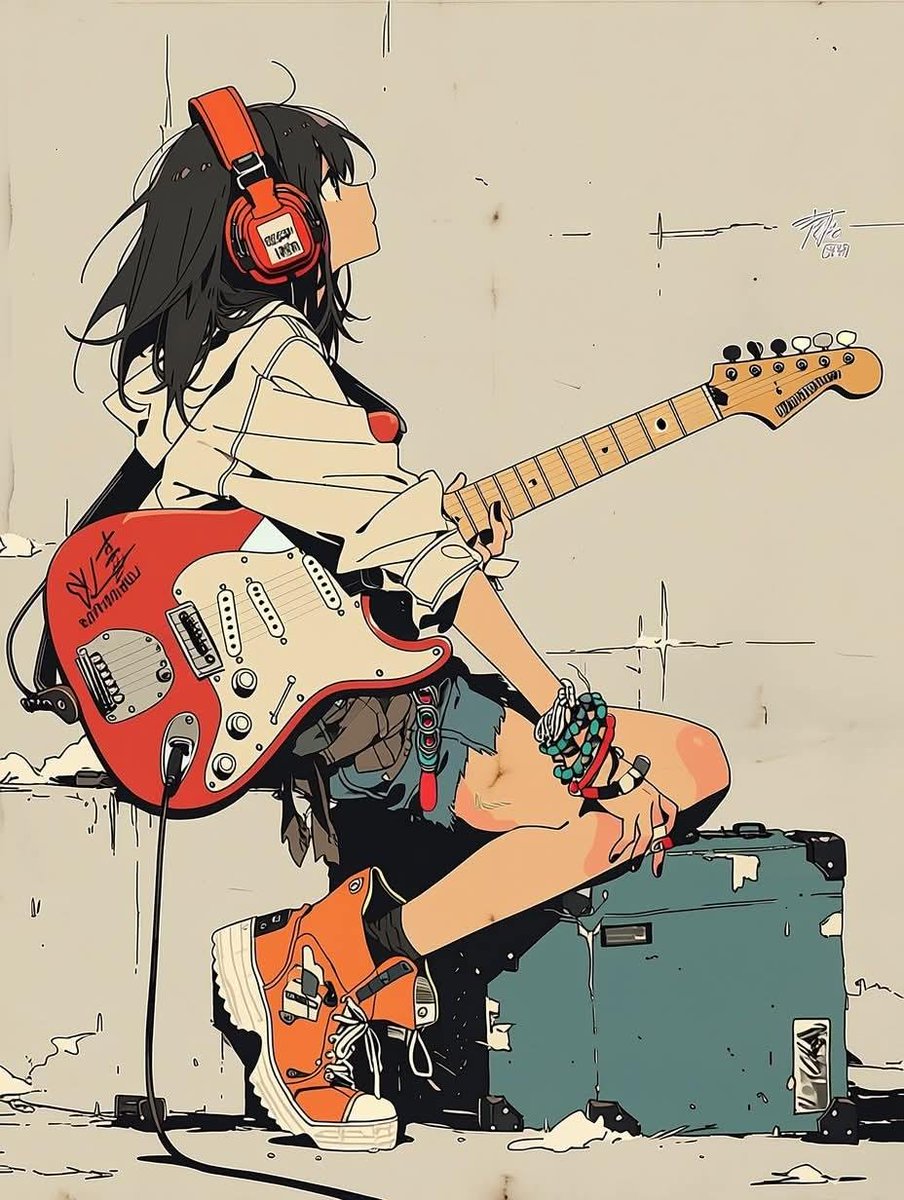极简动漫插画：一位时髦的少女坐在一台复古吉他音箱上，弹奏着珊瑚橙色的 Fender Stratocaster 电吉他；她戴着超大红色耳机，穿着超大号米色连帽衫…