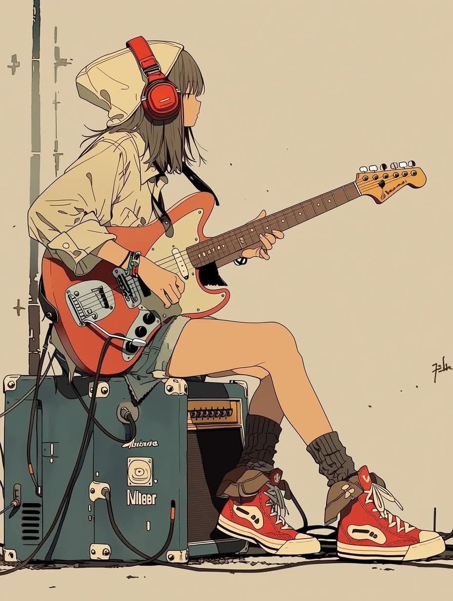 极简动漫插画：一位时髦的少女坐在一台复古吉他音箱上，弹奏着珊瑚橙色的 Fender Stratocaster 电吉他；她戴着超大红色耳机，穿着超大号米色连帽衫，搭配宽松牛仔短裤、…