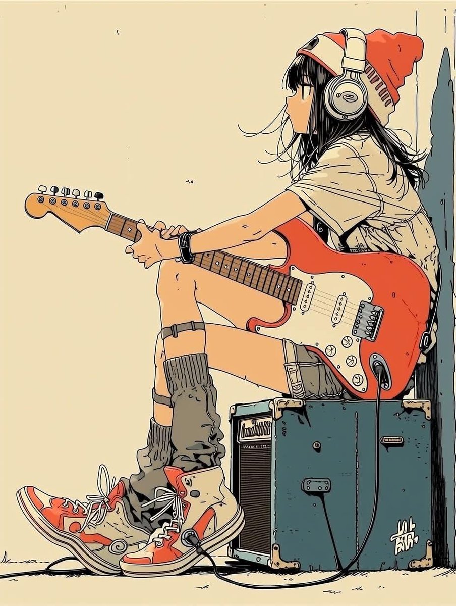 极简动漫插画：一位时髦的少女坐在一台复古吉他音箱上，弹奏着珊瑚橙色的 Fender Stratocaster 电吉他；她戴着超大红色耳机，穿着超大号米色连帽衫，搭配宽松牛仔短裤、…