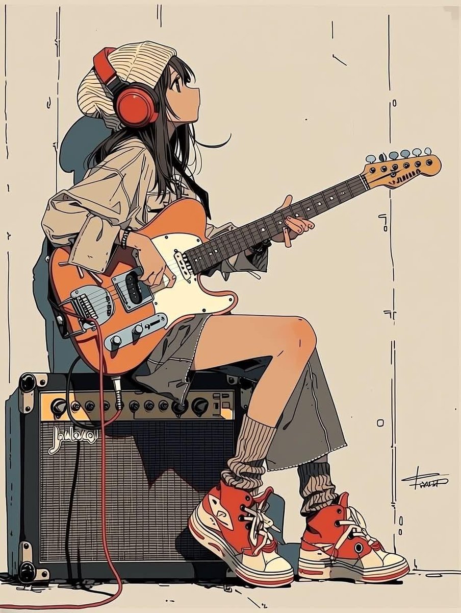 极简动漫插画：一位时髦的少女坐在一台复古吉他音箱上，弹奏着珊瑚橙色的 Fender Stratocaster 电吉他；她戴着超大红色耳机，穿着超大号米色连帽衫，搭配宽松牛仔短裤、…