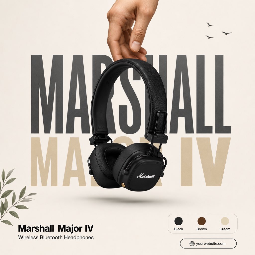 OMPT 1： preate 一幅受现代 Apple 风格海报设计启发的高端极简产品广告。以 Mar Major IV Wireless Bluetooth…