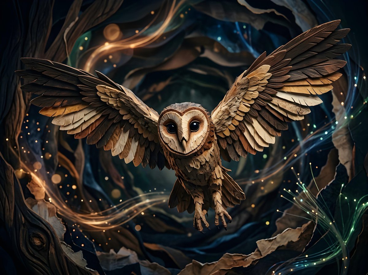 一只仓鸮（barn owl）在飞行中被捕捉，双翼大幅展开，背景为深色抽象风格。猫头鹰的脸正面朝向观者，其大而黝黑的眼睛十分醒目。背景中呈现出抽象的图形与缕缕光痕，营造出一种神秘或…