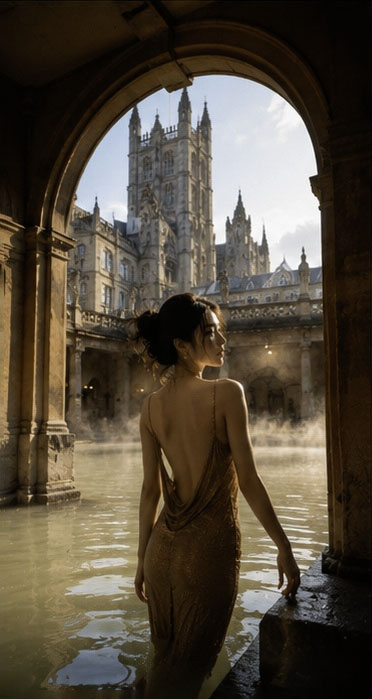 GPT Image 2 on ChatGPT Rome Bath|2 Prompt ⬇️⬇️⬇️ 一位年轻成年东亚女性站在英国巴斯古罗马浴场的温泉池边,画面从头顶拍至臀部附近。人…