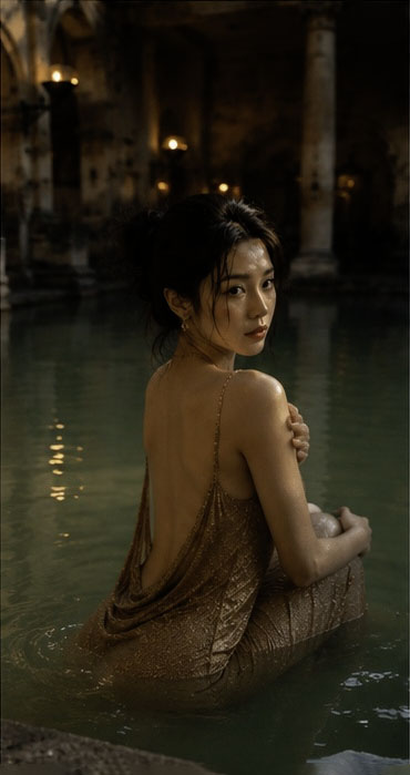 GPT Image 2 on ChatGPT Rome Bath|2 Prompt ⬇️⬇️⬇️ 一位年轻成年东亚女性站在英国巴斯古罗马浴场的温泉池边,画面从头顶拍至臀部附近。人…
