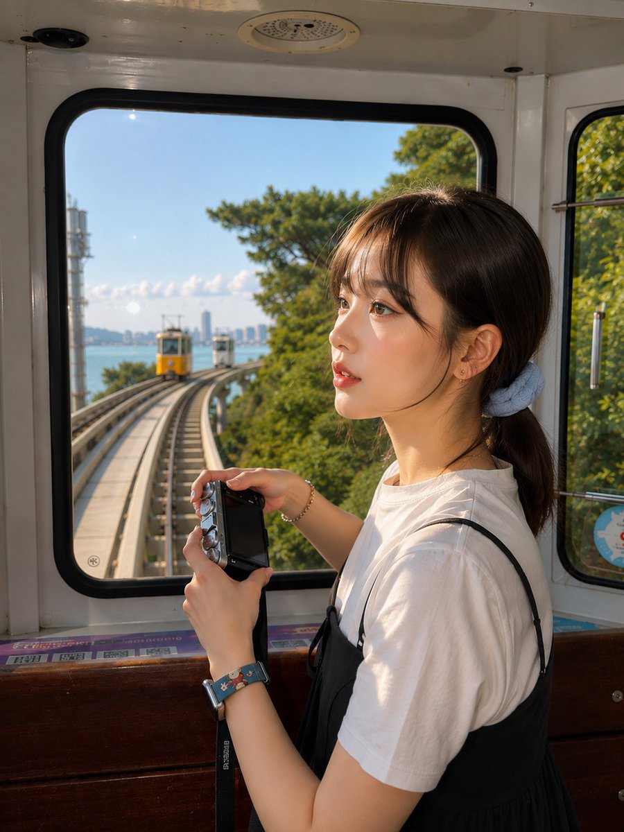 超写实的随行旅行人像照：一位可爱的年轻东亚女性，于晴朗午后站立于一列现代全景电车或自动化轨道车厢的前舱内。她以自然的侧脸姿态入镜，头部轻轻转向镜头，神情宁静而好奇，双唇微微分开…