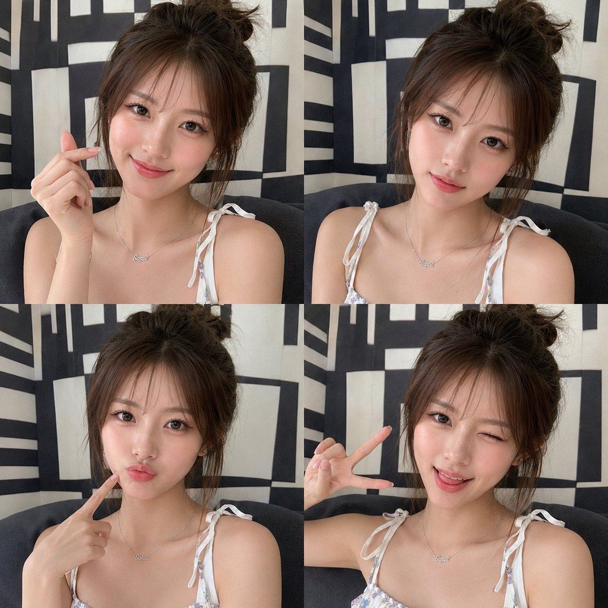 一张高端美妆拼贴画,由同一年轻东亚女性的四张超写实肖像组成,以整洁的 2×2 网格排列。她拥有柔软的瓷白肌肤、透亮的玫瑰色脸颊、温暖的棕色眼睛、自然有型的眉毛、淡淡的棕色眼影、卷…