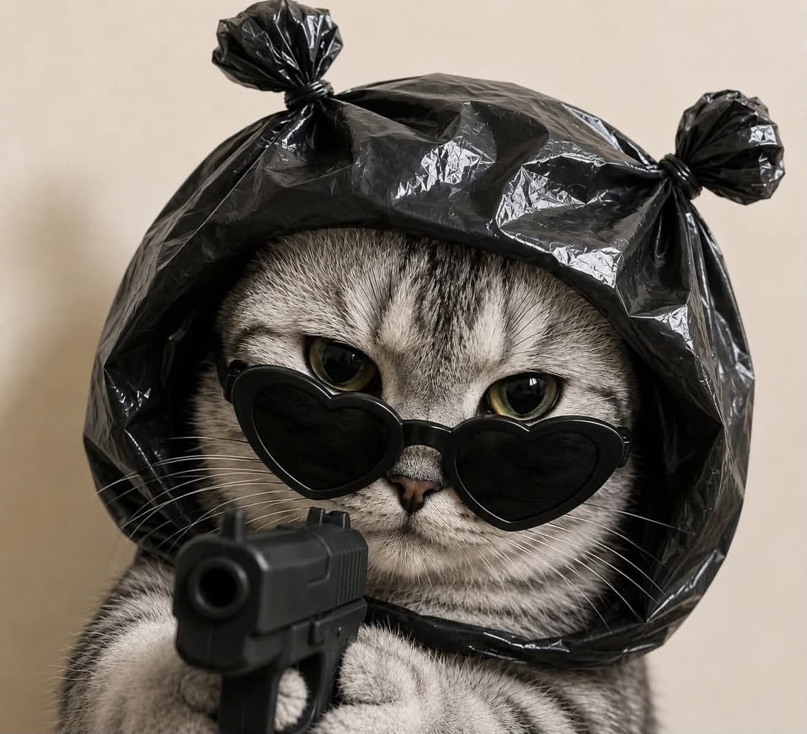 超写实的英国短毛猫特写肖像，猫咪体型圆润，置于画面正中央，正面直视镜头，表情完全面瘫、毫无表情。猫咪佩戴着超大号心形墨镜，颜色与整套造型完美一致（黑色、浅蓝色…