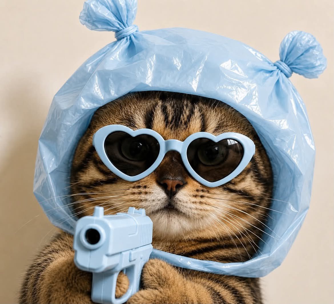 超写实的英国短毛猫特写肖像，猫咪体型圆润，置于画面正中央，正面直视镜头，表情完全面瘫、毫无表情。猫咪佩戴着超大号心形墨镜，颜色与整套造型完美一致（黑色、浅蓝色、黄色或任意自选颜色…