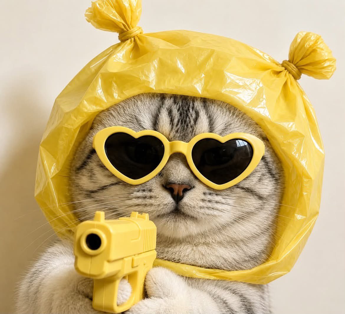 超写实的英国短毛猫特写肖像，猫咪体型圆润，置于画面正中央，正面直视镜头，表情完全面瘫、毫无表情。猫咪佩戴着超大号心形墨镜，颜色与整套造型完美一致（黑色、浅蓝色、黄色或任意自选颜色…