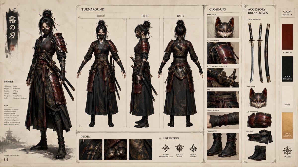 超高细节 16:9 武士角色设计图集，官方 AAA RPG 角色设定圣经，干净的编辑式布局，象牙色羊皮纸背景，配以极简日式水墨 UI 装饰。角色名"HANA"…