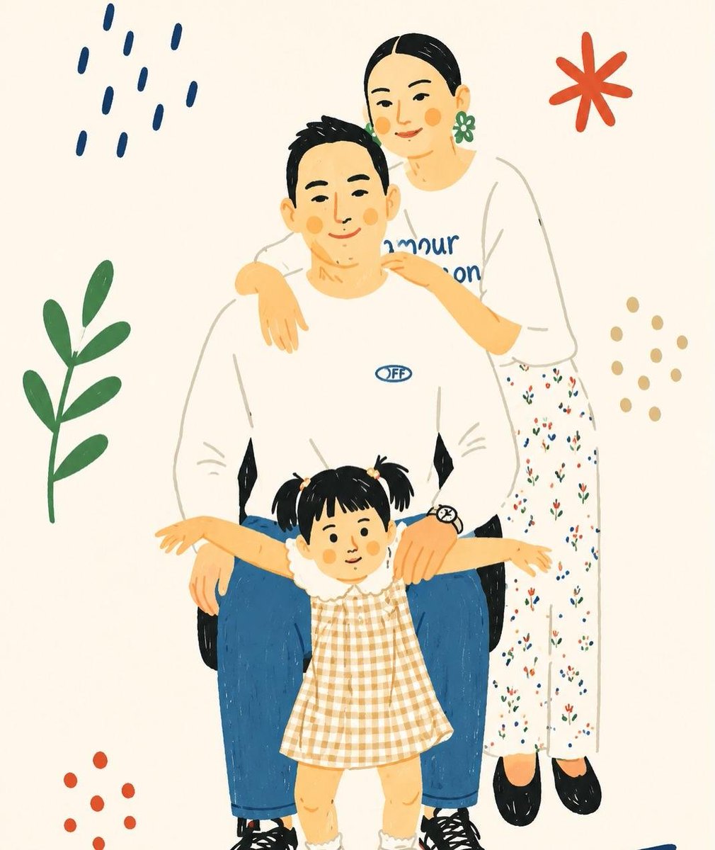 温馨极简扁平插画,采用温暖的韩式/日式绘本美学,描绘平凡而美好的家庭日常瞬间:柔和圆润的角色、简洁的面部特征、红润的脸颊、干净的黑色描边、低饱和度柔和粉彩色调、温暖的奶油色背景、…
