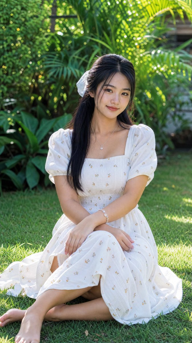 [GPT Image 2 提示词] 一位年轻的缅甸女性，长长的黑色直发用白色蕾丝发圈松松地扎起，盘腿坐在阳光明媚的花园中郁郁葱葱的绿草地上，柔和的斑驳阳光透过树叶洒落。她身穿一件…