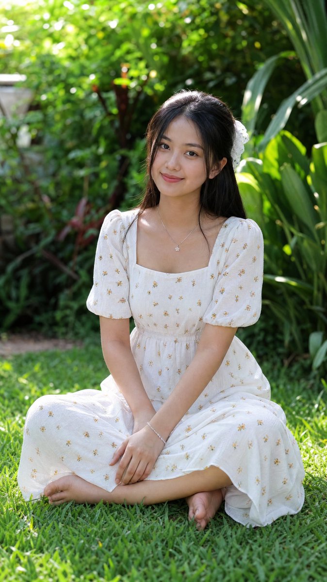 [GPT Image 2 提示词] 一位年轻的缅甸女性，长长的黑色直发用白色蕾丝发圈松松地扎起，盘腿坐在阳光明媚的花园中郁郁葱葱的绿草地上，柔和的斑驳阳光透过树叶洒落。她身穿一件…